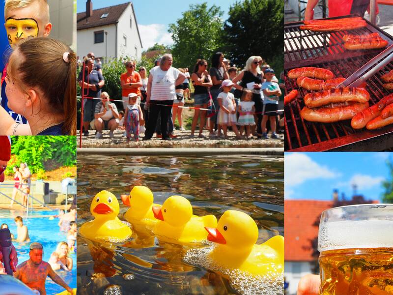 Eine Collage zeigt ein buntes Fest mit Kinderschminken, Menschen beim Anstehen, Grillwürsten, einer Poolveranstaltung, Gummienten im Wasser und einem Bierglas.