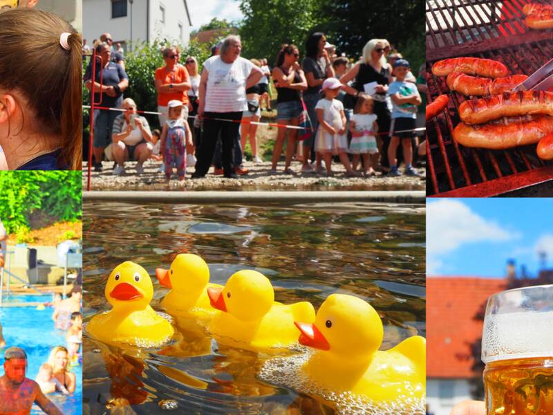 Eine Collage zeigt ein buntes Fest mit Kinderschminken, Menschen beim Anstehen, Grillwürsten, einer Poolveranstaltung, Gummienten im Wasser und einem Bierglas.