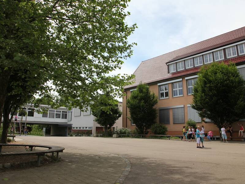 Auf dem Bild ist ein Schulhof mit einem großen Schulgebäude im Hintergrund, Bäumen und spielenden Kindern zu sehen.