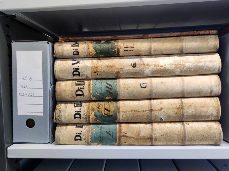 Ein Regal eines Aktenschranks mit einem grauen Ordner sowie fünf daneben liegenden historischen Büchern mit beigem Einband sowie türkisem Schriftfeld.