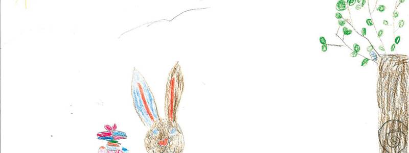 Auf einer Wiese steht ein Osterhase und hat ein Körbchen voller bunter Eier ist auf diesem gemalten Bild zu sehen.